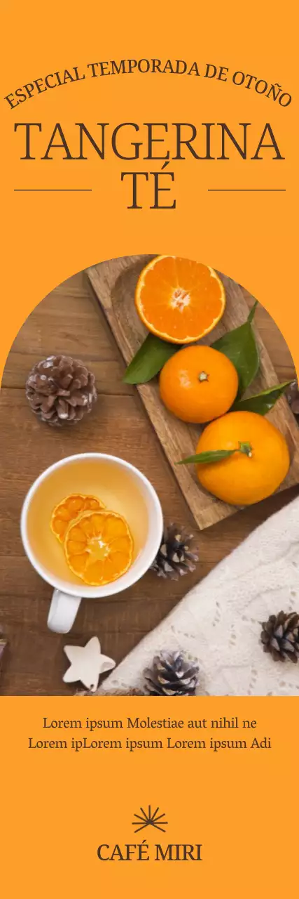 Cafe Fruity Tea menú con un diseño calmante de marcos de formas limpias e imágenes fotorrealistas de té de mandarina.