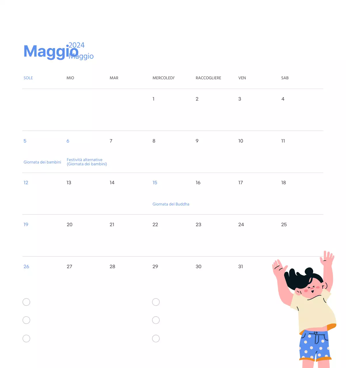 Calendario motivazionale con illustrazioni energetiche e citazioni positive su sfondo azzurro