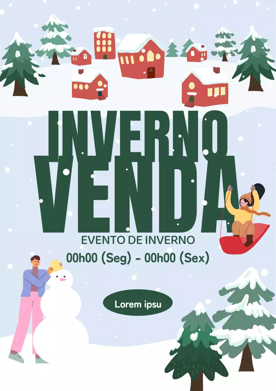 Uma venda de inverno com uma aldeia com neve, trenós de neve e bonecos de neve numa bonita ilustração de inverno.