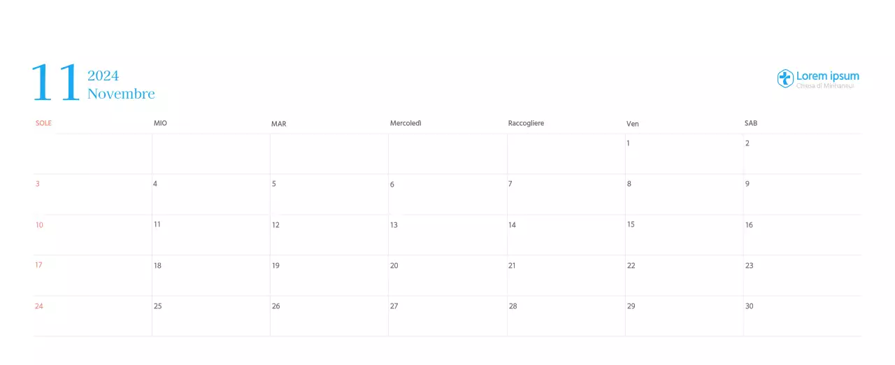 Calendario ecclesiastico blu di concezione moderna