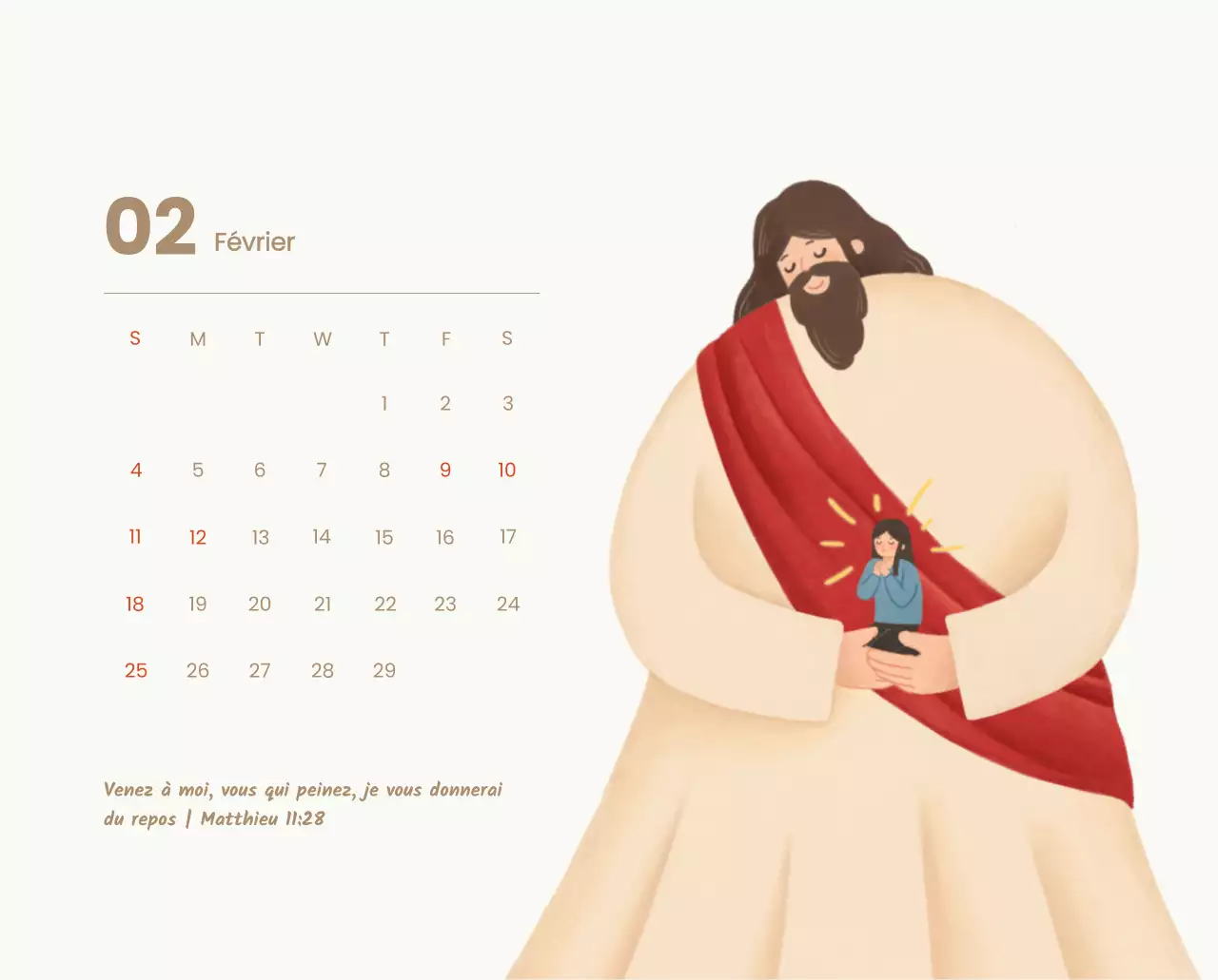 Un calendrier dévotionnel avec des illustrations douces et des versets bibliques sur un fond bleu clair.