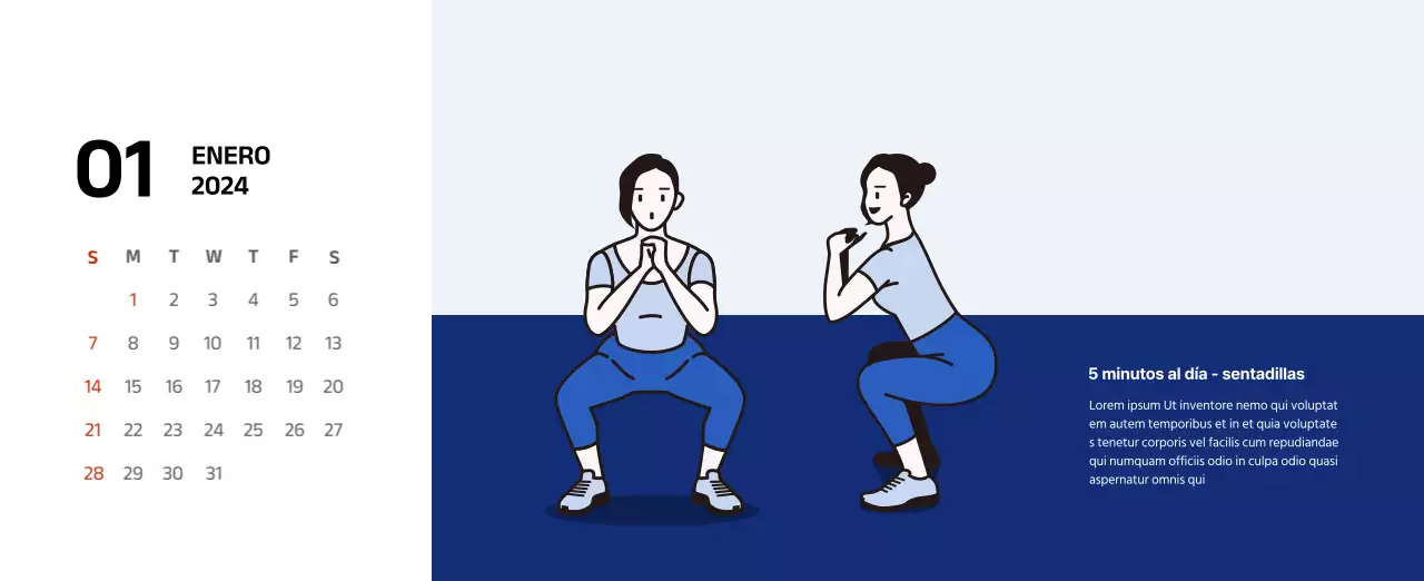 Calendario sencillo con ilustraciones limpias en azul
