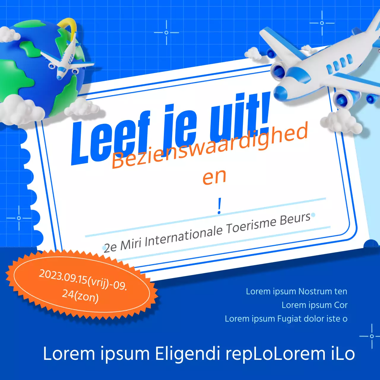 Promoot een eenvoudige toerismebeurs in blauw en oranje