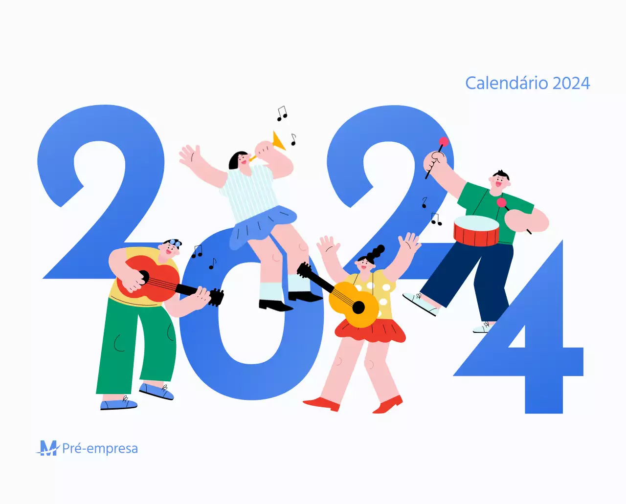 Calendário motivacional com ilustrações energéticas e citações positivas sobre um fundo azul claro