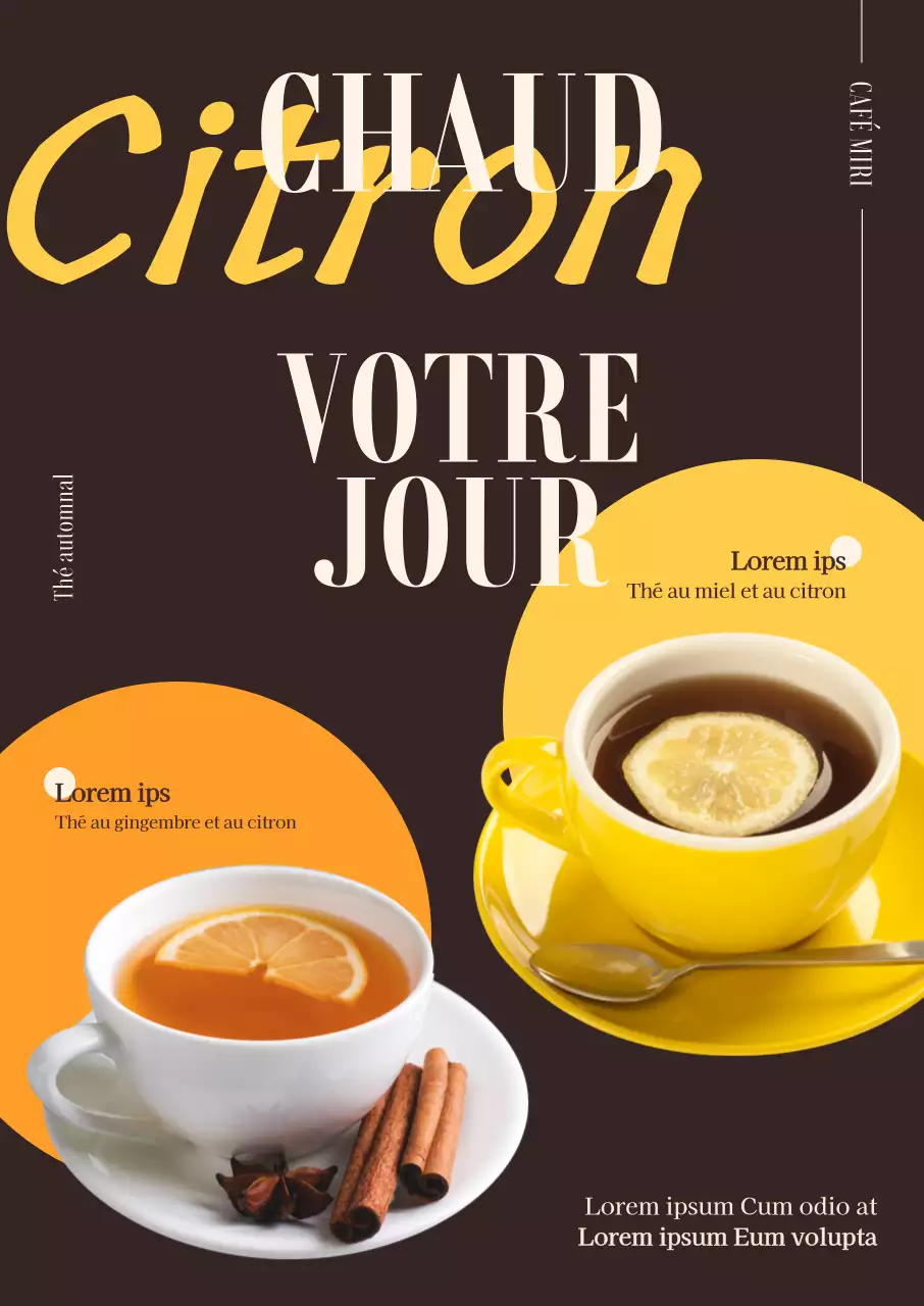 Le menu de Café Lemon Tea se caractérise par une présentation géométrique épurée, des couleurs automnales et une police de caractères cursive anglaise sentimentale.