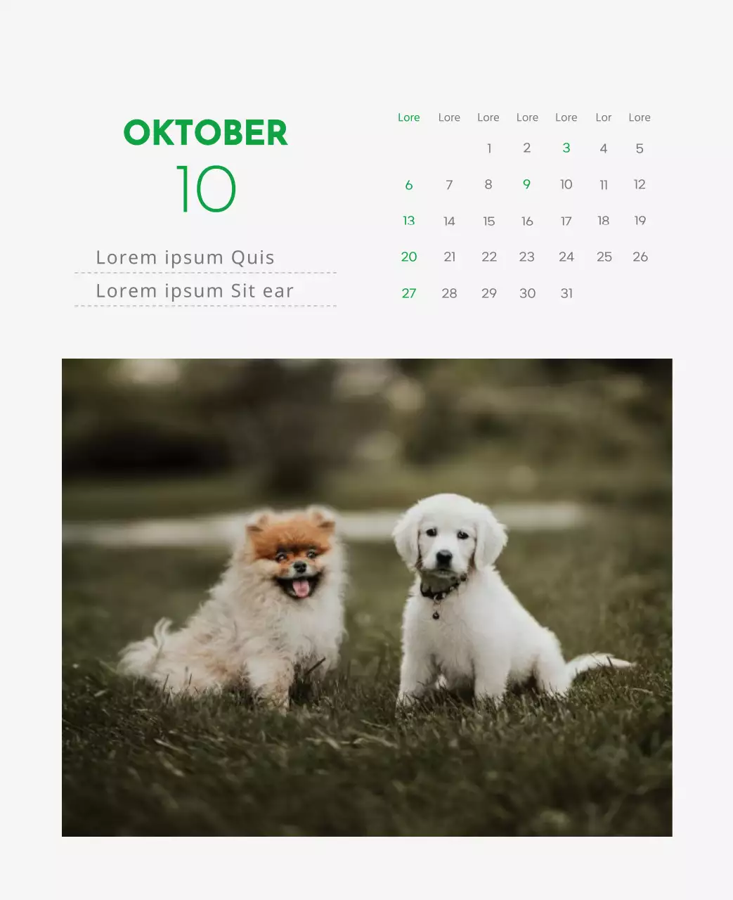 Een kalender met een afbeelding van een puppy en een schattige boodschap in groene accenten