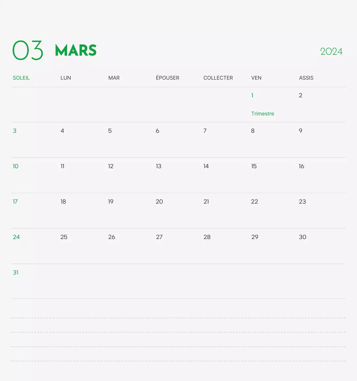 Un calendrier avec la photo d'un chiot et un message mignon aux accents verts.