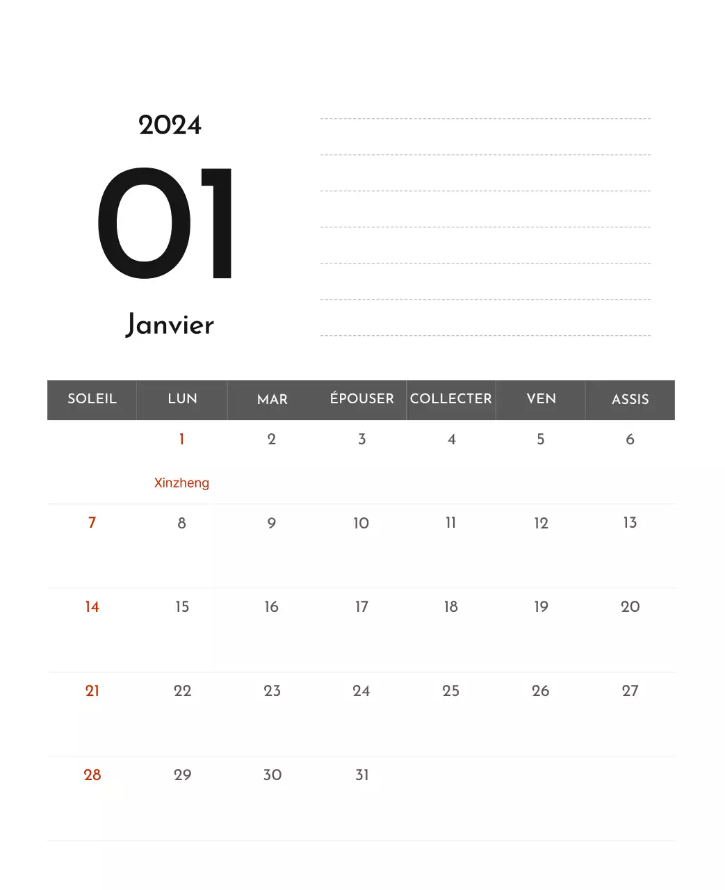 Un calendrier d'entreprise simple en gris