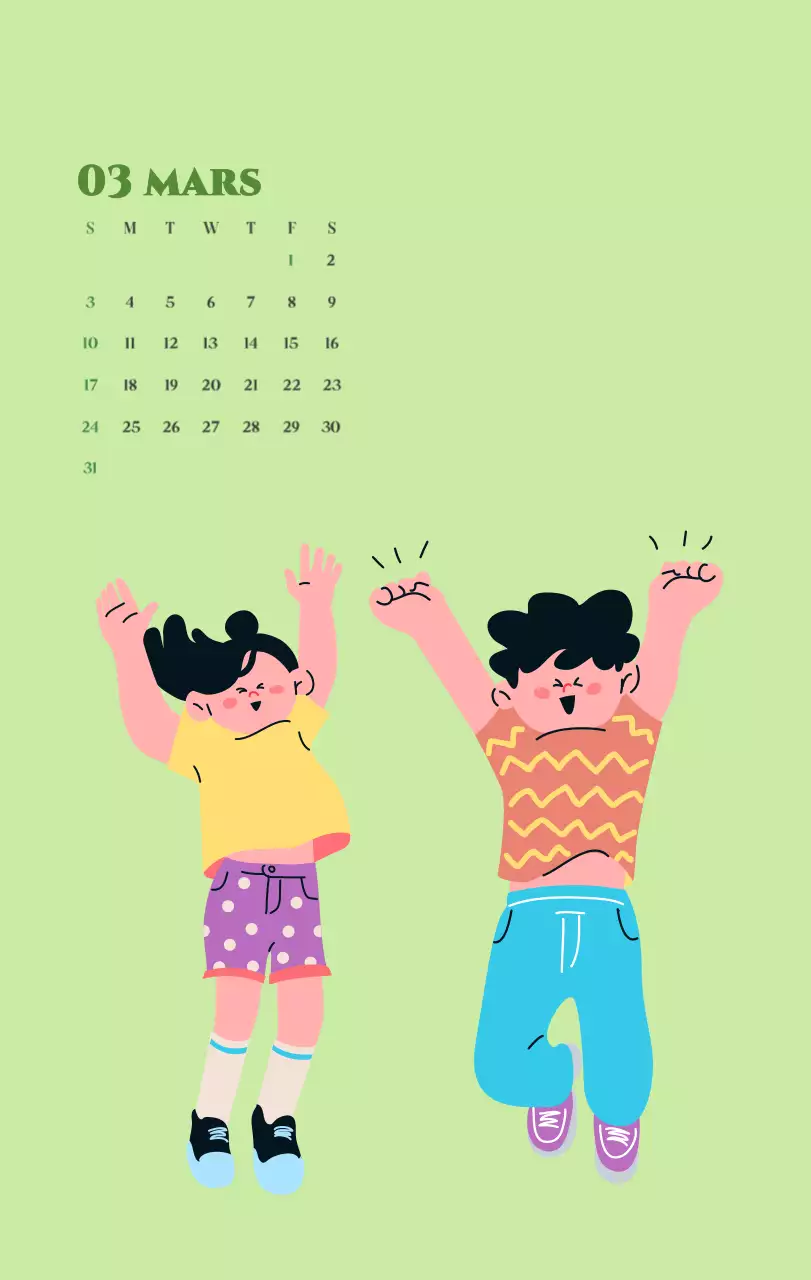 Calendrier avec illustrations de jeunes sur fond jaune et vert
