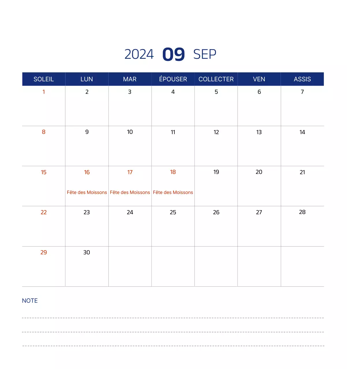 Calendrier simple avec des illustrations épurées en bleu