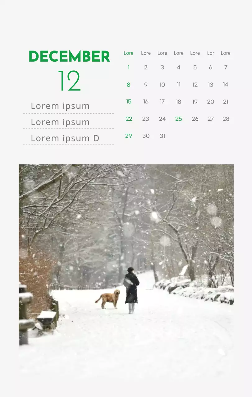 Een kalender met een afbeelding van een puppy en een schattige boodschap in groene accenten