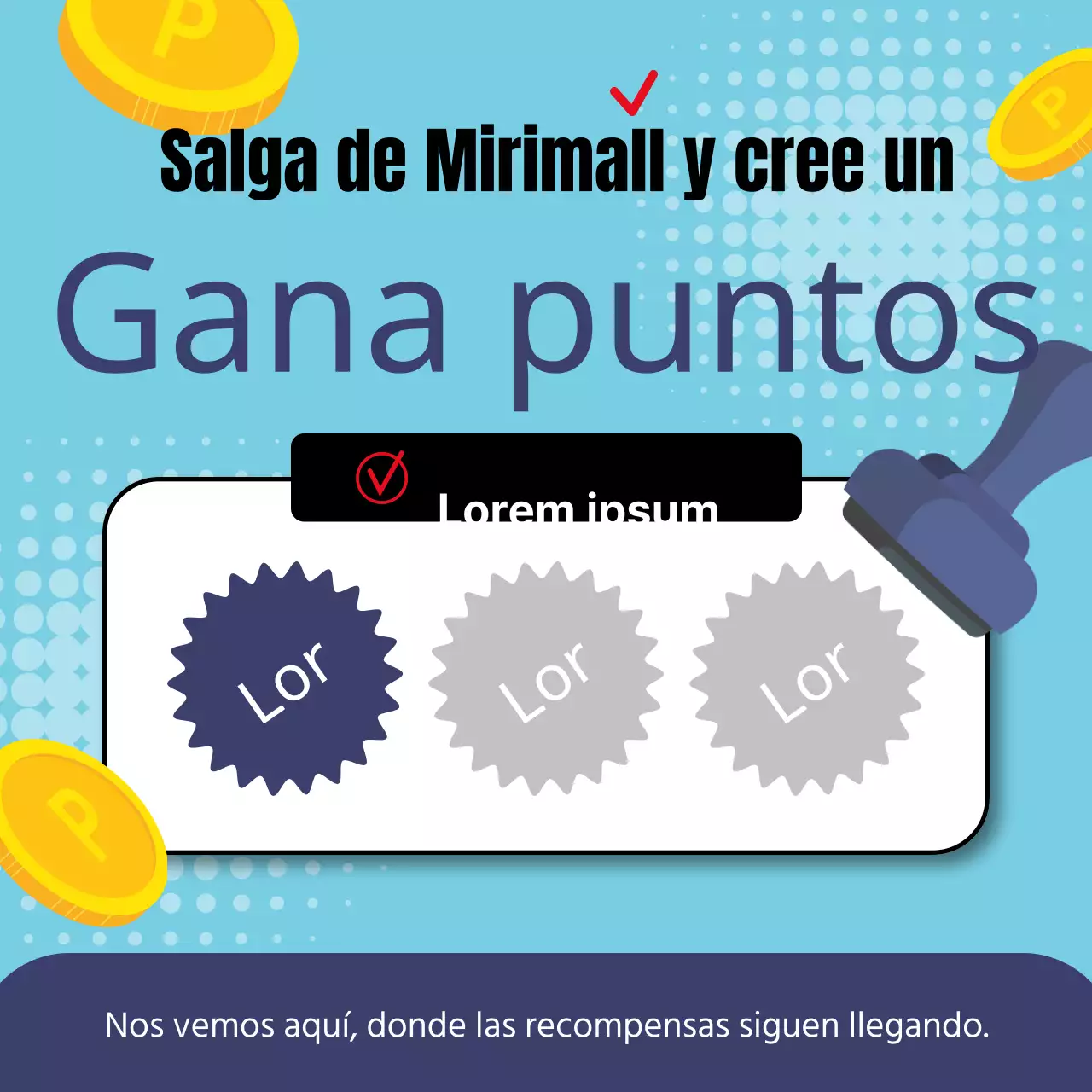 Kitschy sello de asistencia post evento con un fondo azul