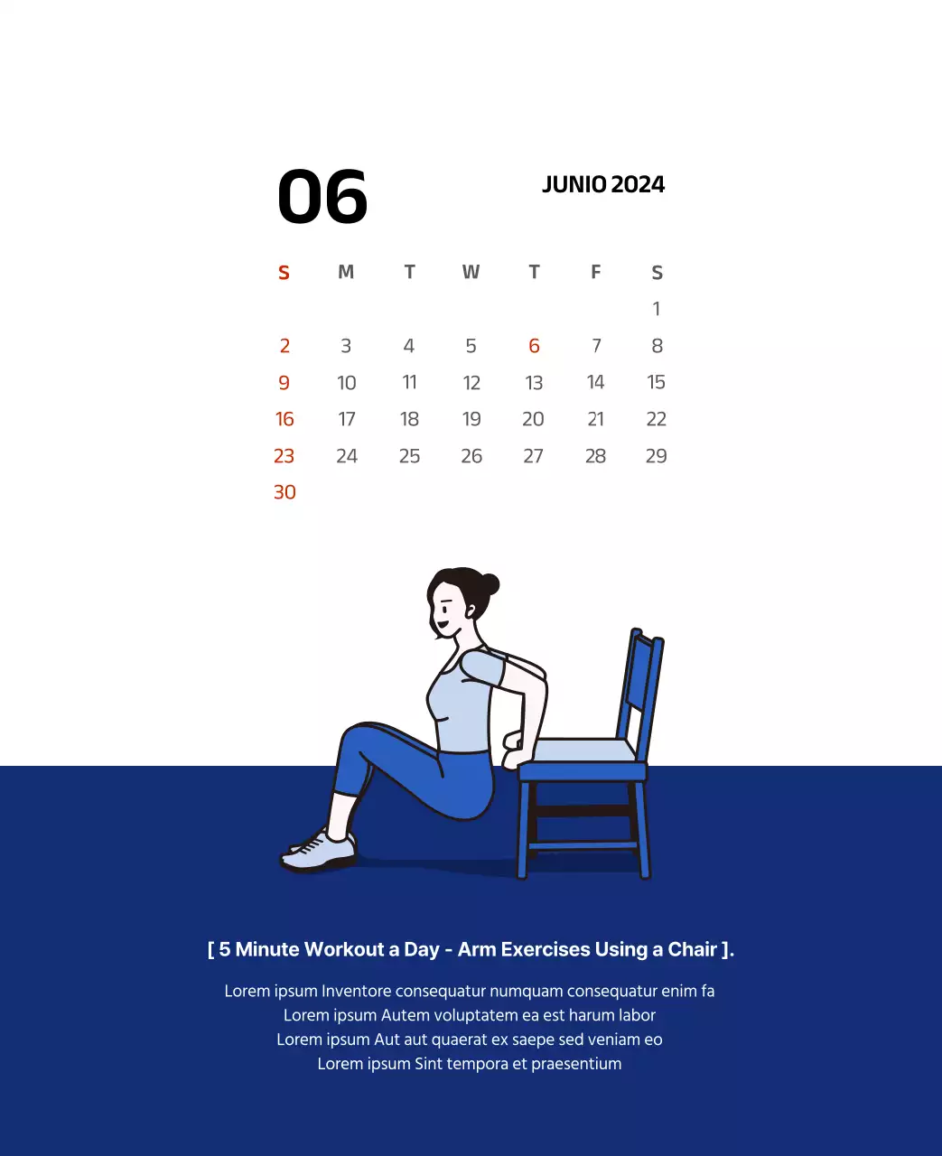 Calendario sencillo con ilustraciones limpias en azul
