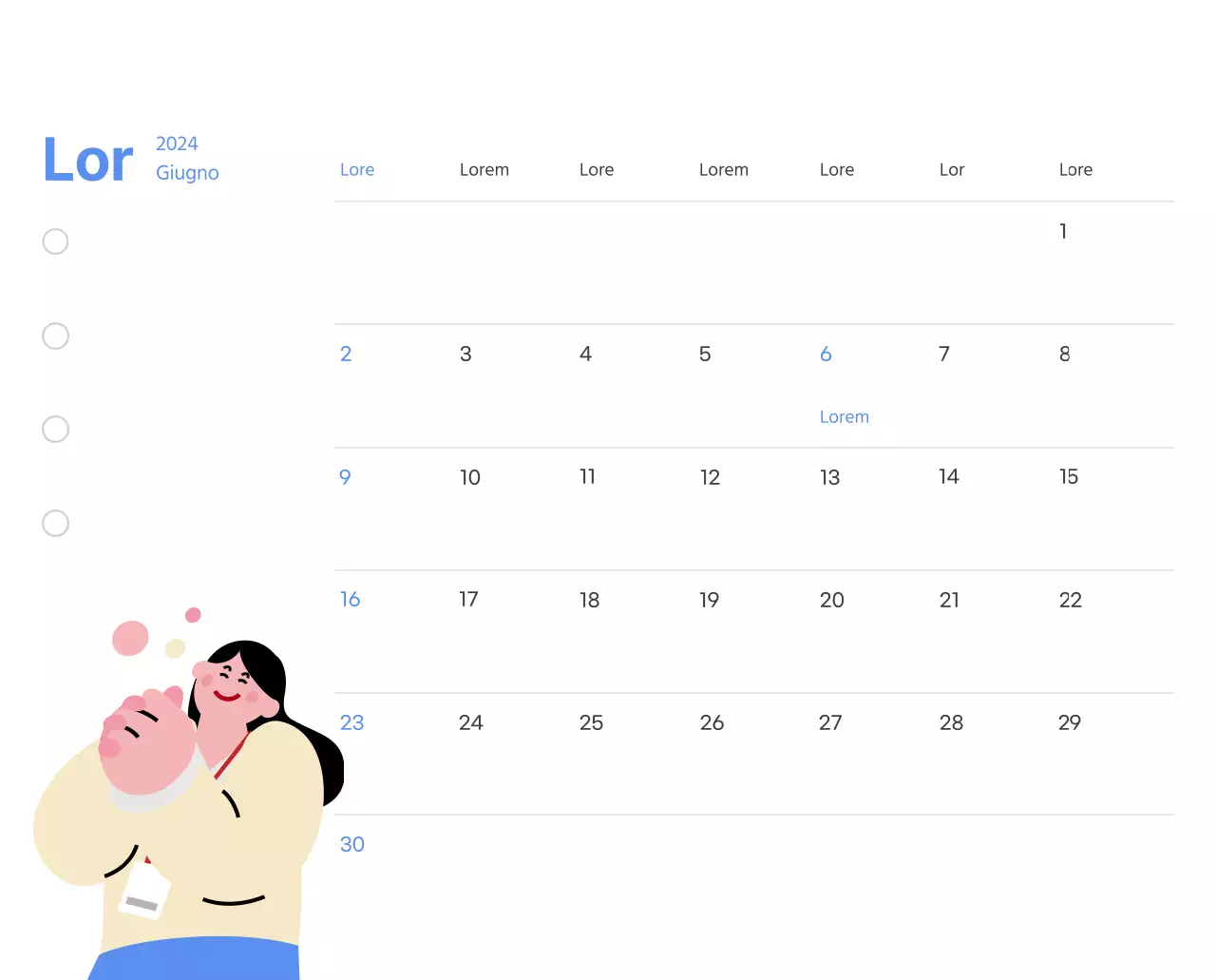 Calendario motivazionale con illustrazioni energetiche e citazioni positive su sfondo azzurro