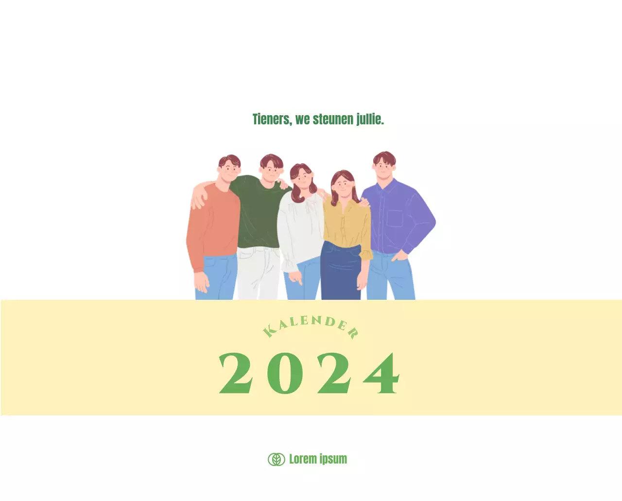 Kalender met jeugdillustraties op een gele en groene achtergrond