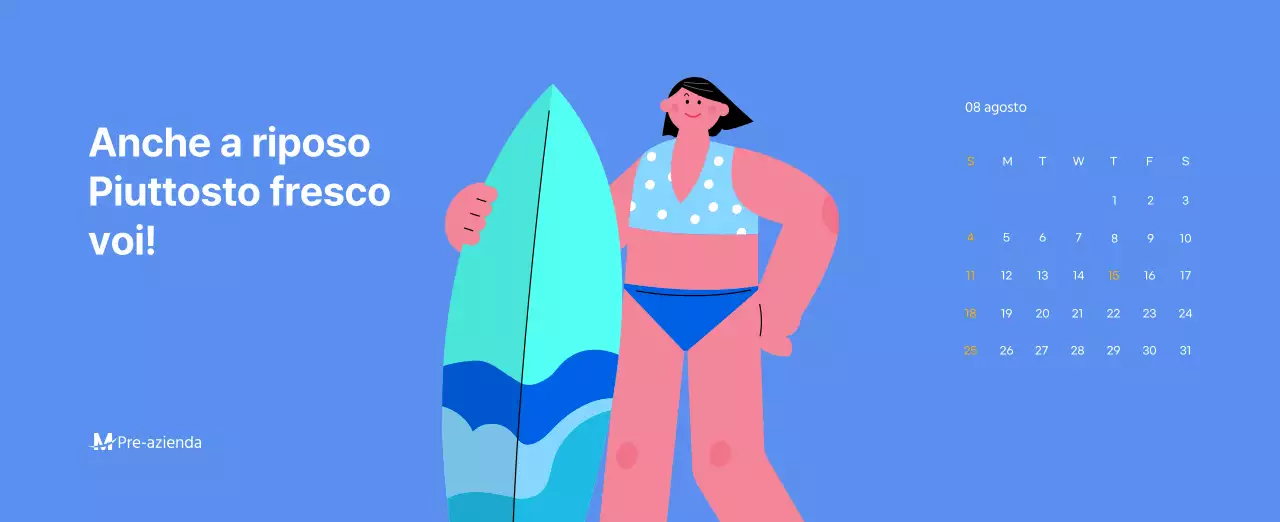 Calendario motivazionale con illustrazioni energetiche e citazioni positive su sfondo azzurro