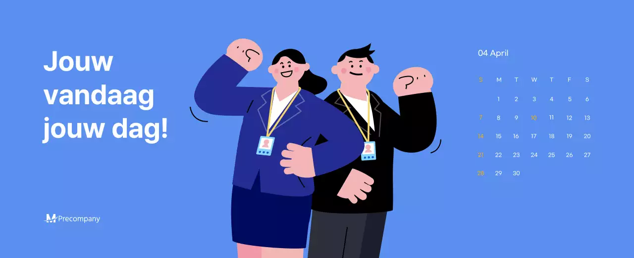 Motiverende kalender met energieke illustraties en positieve citaten op een lichtblauwe achtergrond