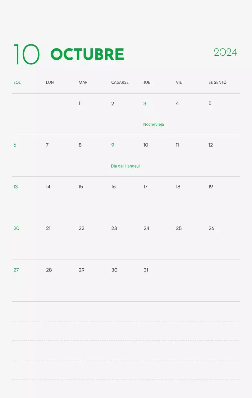 Un calendario con la imagen de un cachorro y un bonito mensaje en tonos verdes.