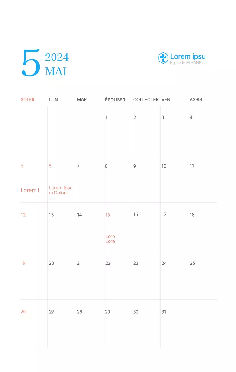 Calendrier d'église moderne bleu