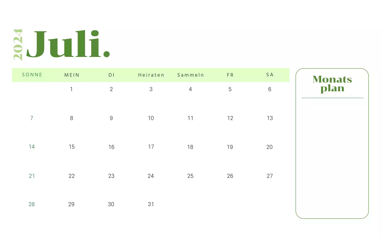 Kalender mit Jugendillustrationen auf gelbem und grünem Hintergrund