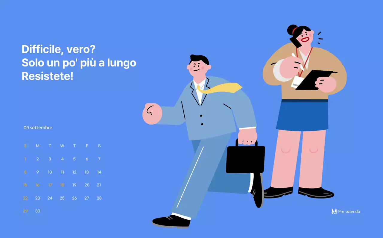 Calendario motivazionale con illustrazioni energetiche e citazioni positive su sfondo azzurro