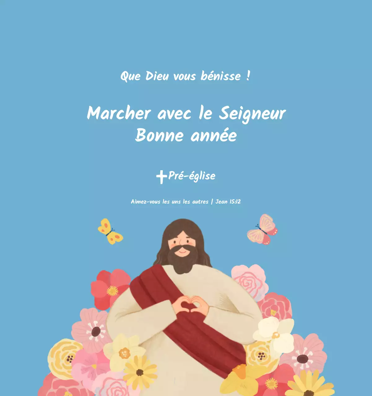 Un calendrier dévotionnel avec des illustrations douces et des versets bibliques sur un fond bleu clair.