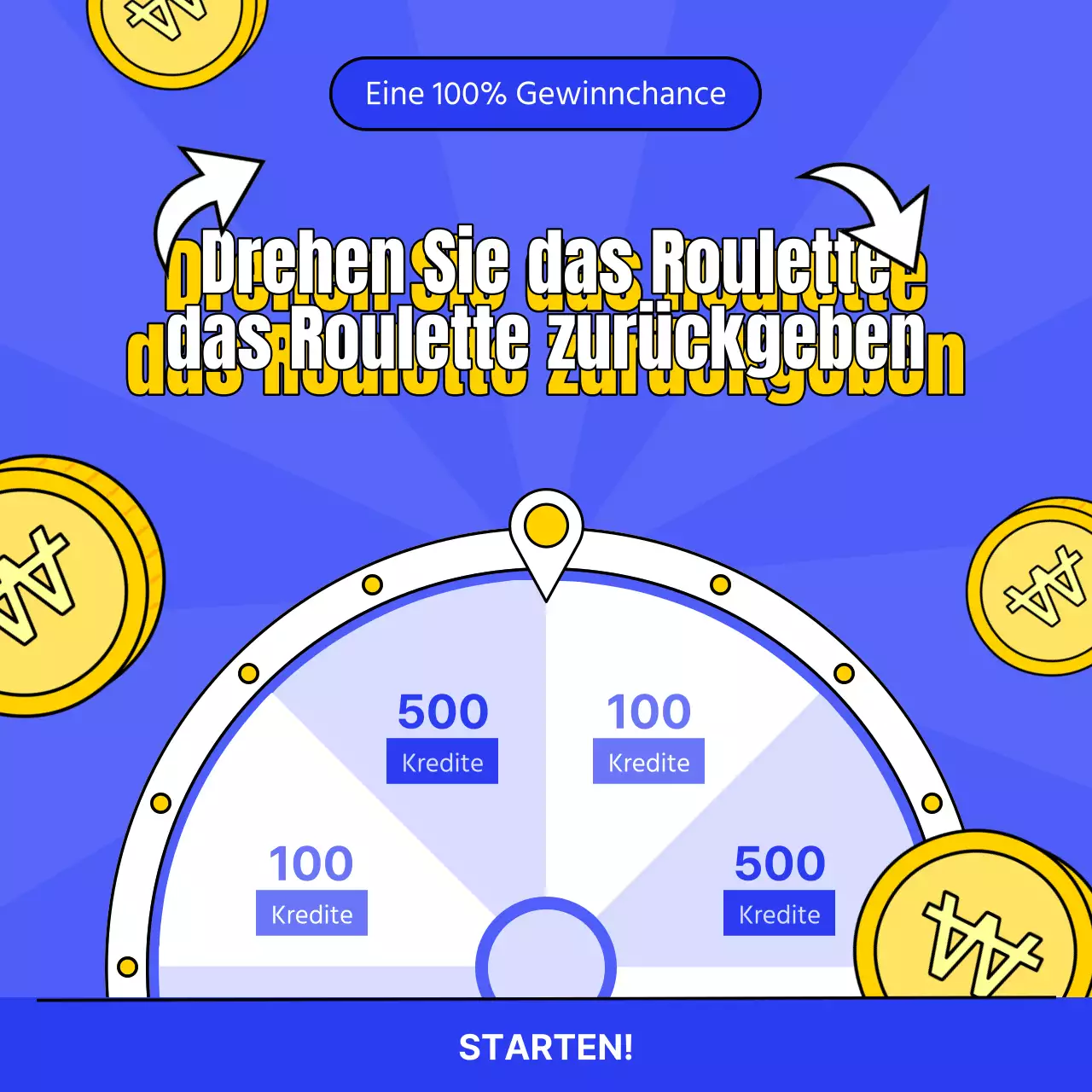 Werbung für eine Glücksroulette-Veranstaltung mit gelben und blauen Farbtupfern