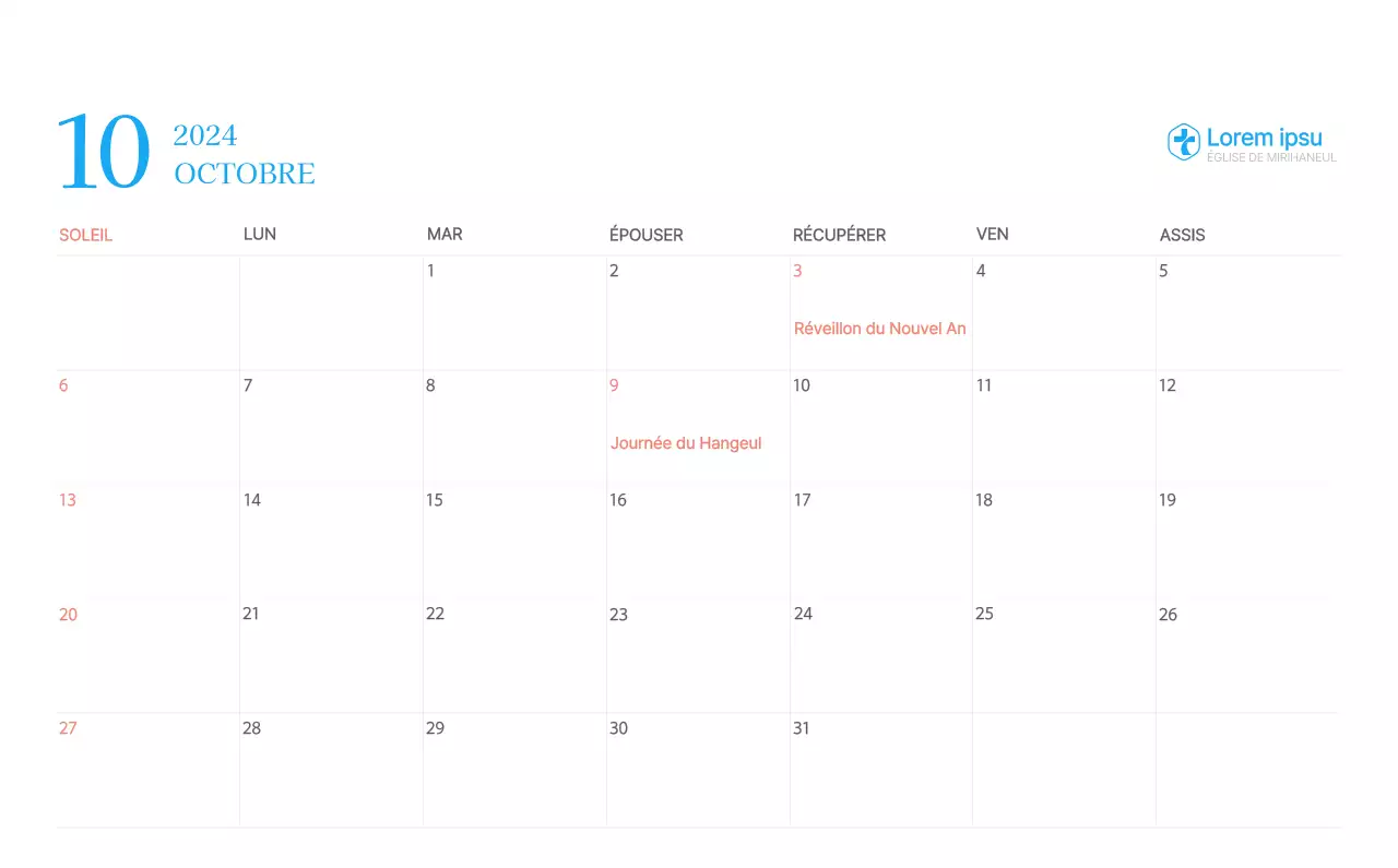 Calendrier d'église moderne bleu