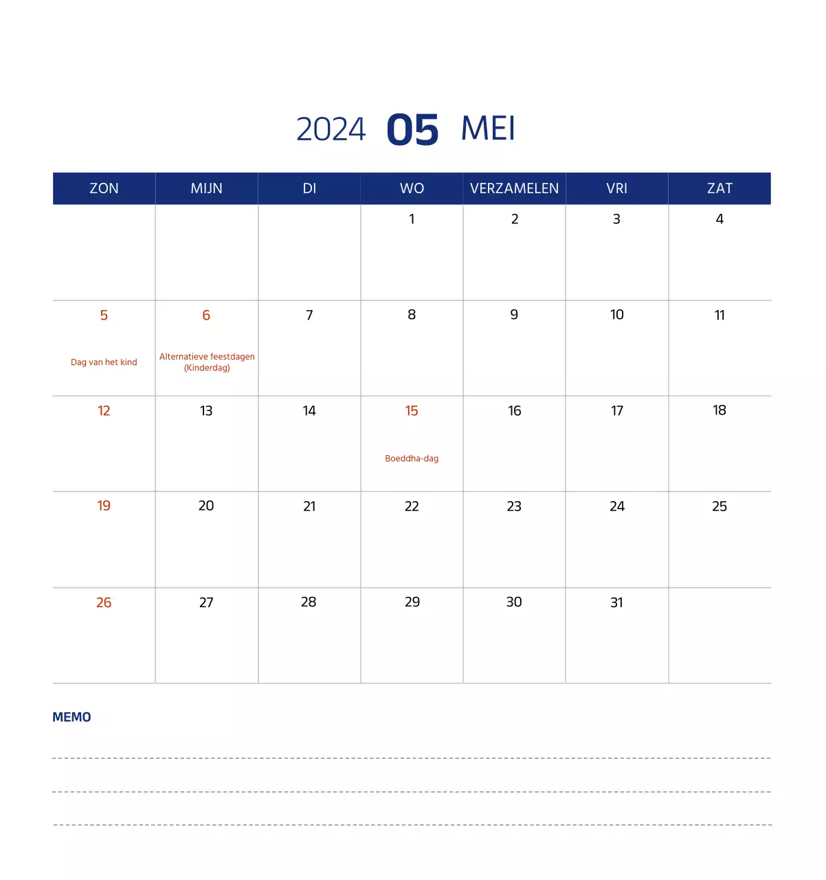 Eenvoudige kalender met strakke illustraties in blauw