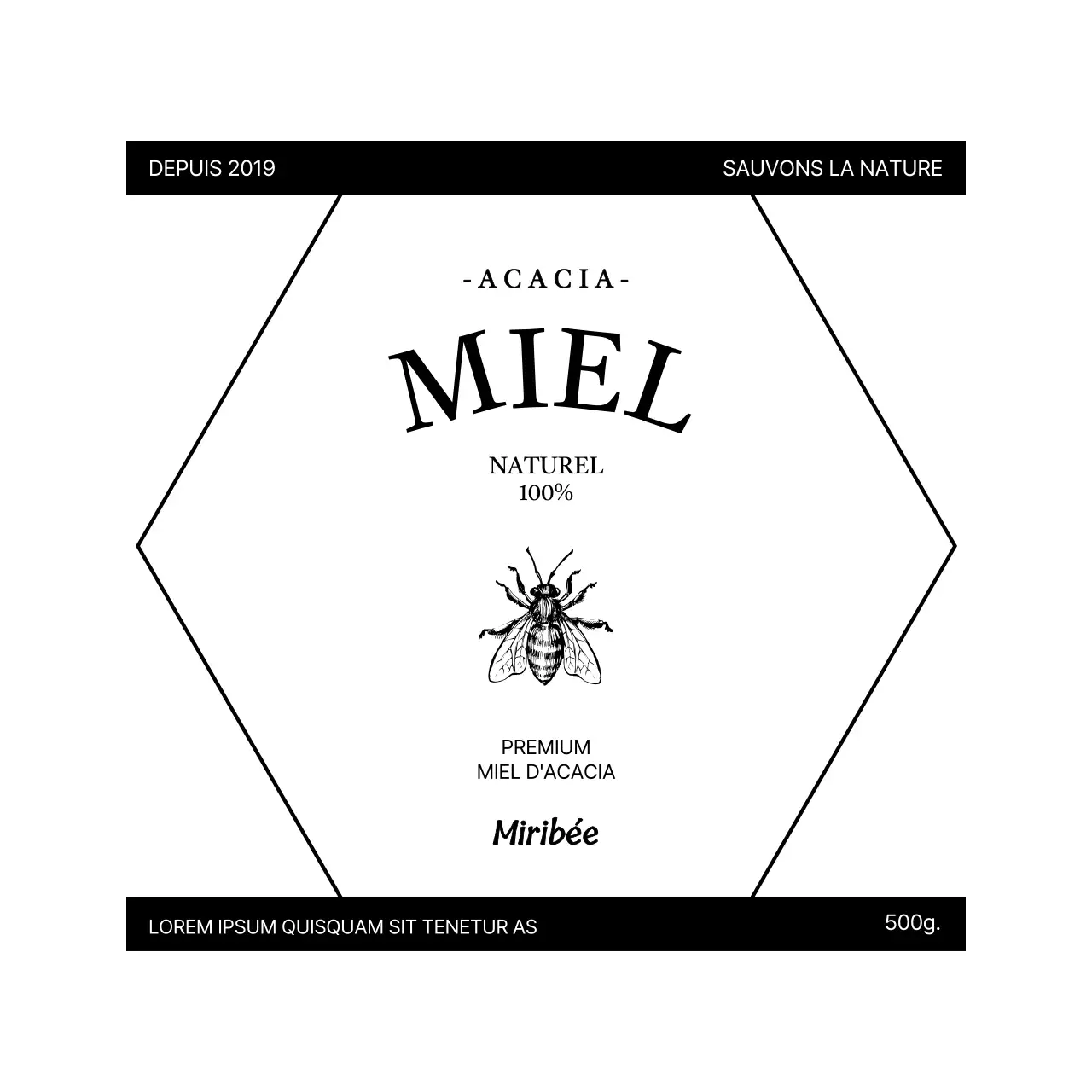 Étiquette de miel simple et vintage avec illustration d'abeille en noir et blanc