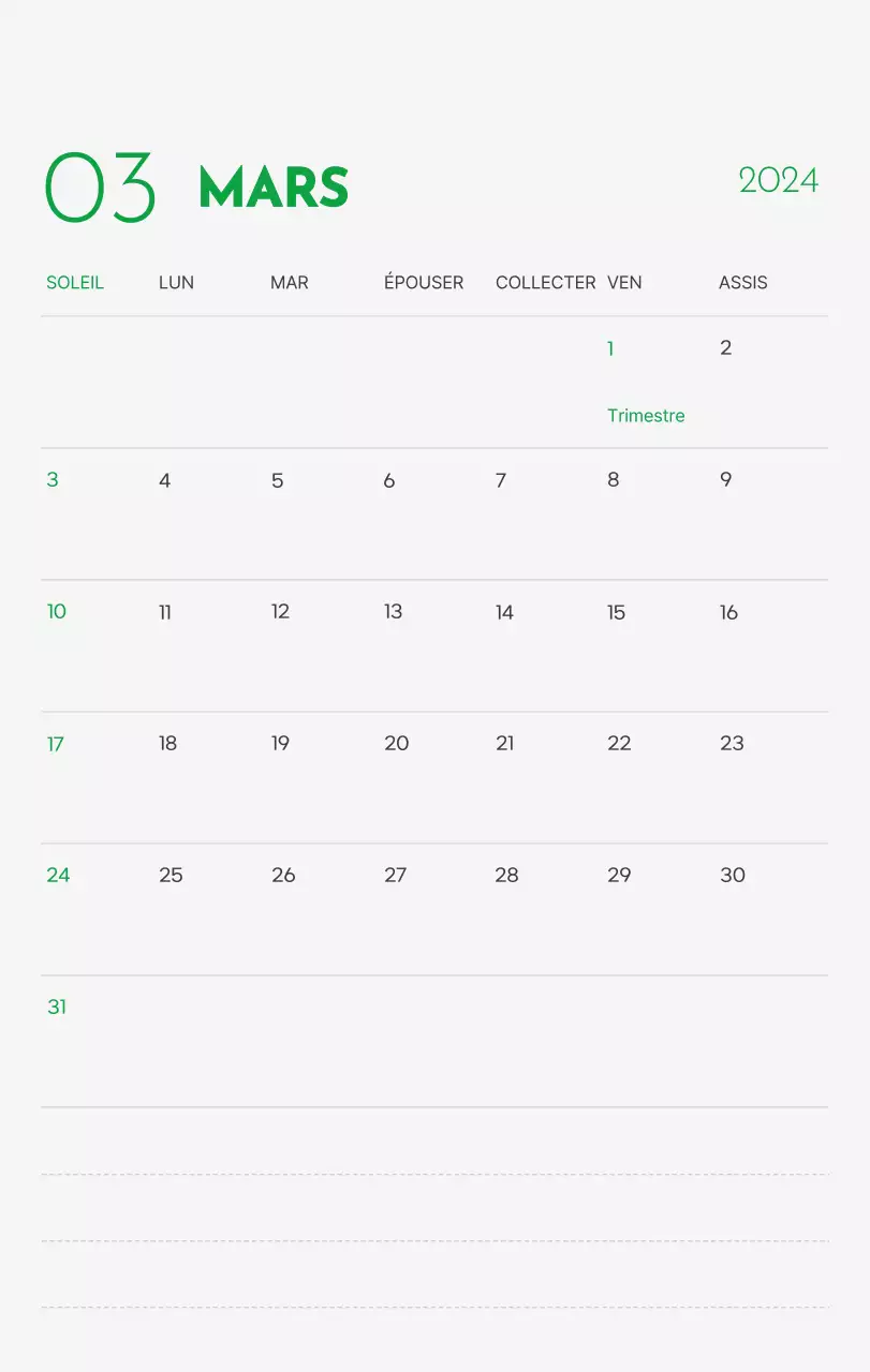 Un calendrier avec la photo d'un chiot et un message mignon aux accents verts.