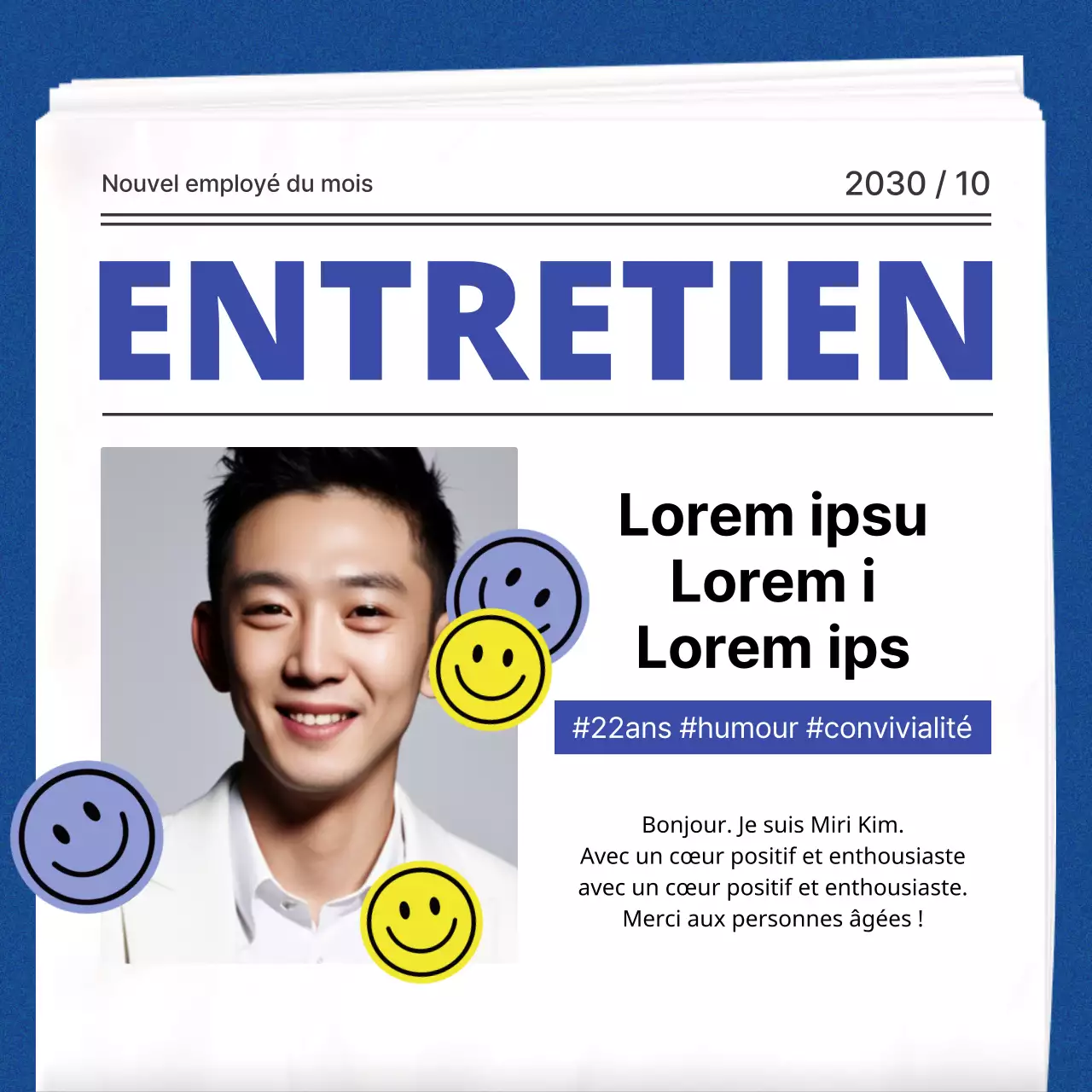 Un simple avis d'entretien d'embauche blanc et bleu