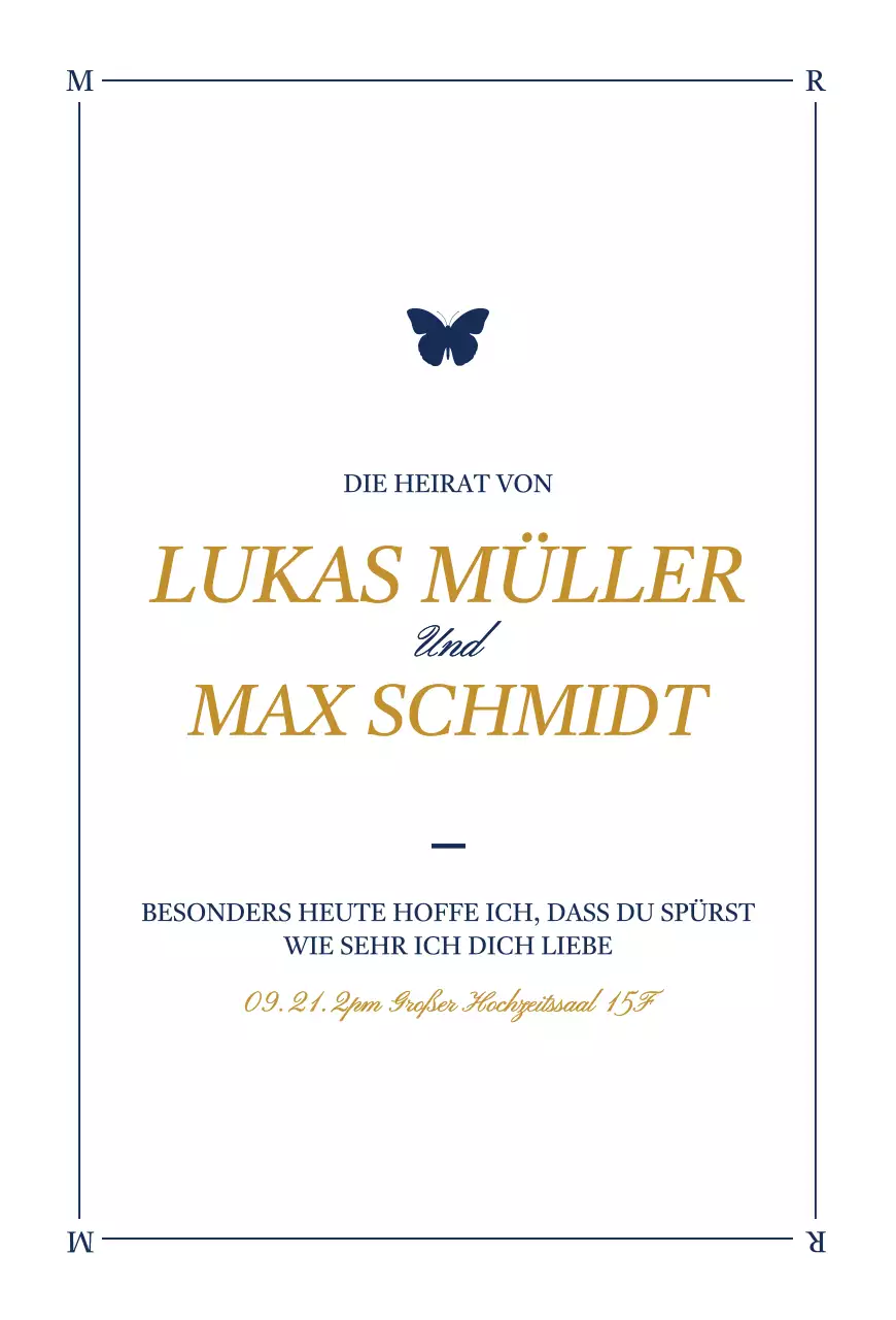 Elegantes Design Hochzeitseinladung mit Schmetterling Illustrationen in weiß und marineblau