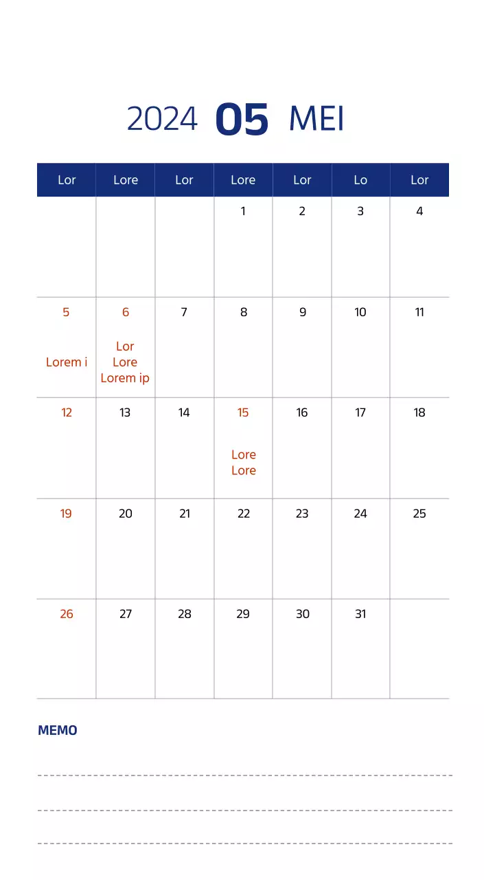 Eenvoudige kalender met strakke illustraties in blauw