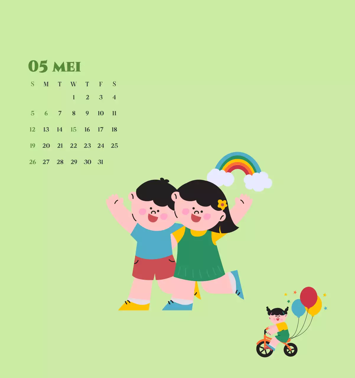 Kalender met jeugdillustraties op een gele en groene achtergrond