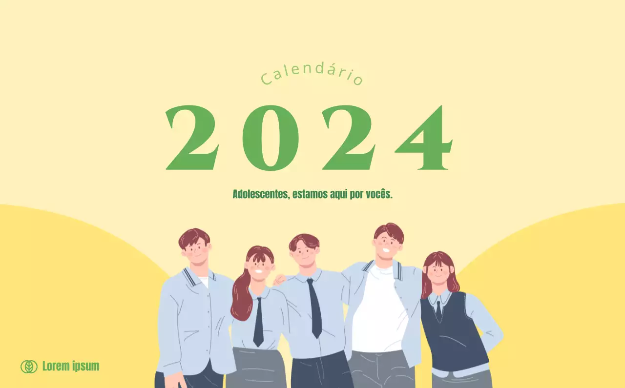 Calendário com ilustrações de jovens sobre um fundo amarelo e verde