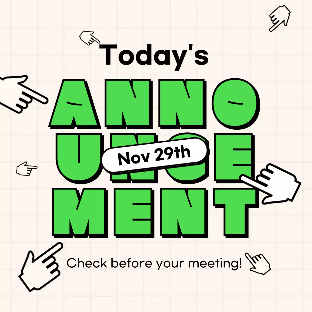 Kitschy club meeting announcements in green and beige