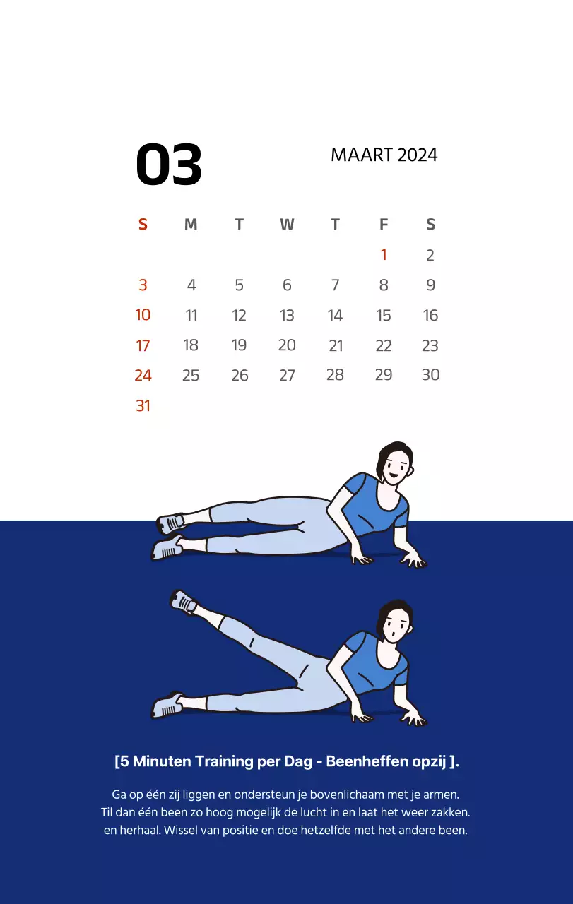 Eenvoudige kalender met strakke illustraties in blauw