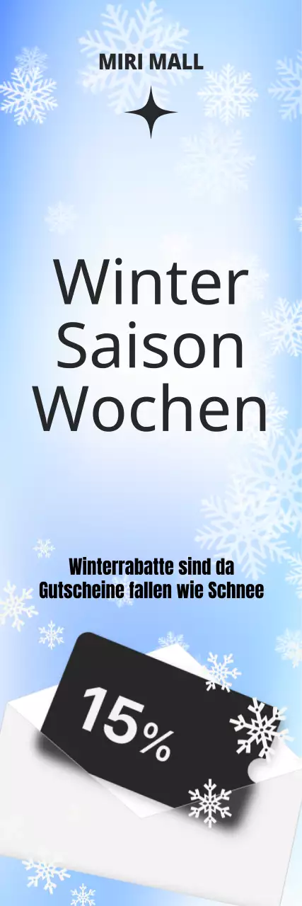 Ein winterlicher Farbverlauf und ein Schneeflocken-Hintergrund mit einem sauberen Schrift-Layout und einem Coupon-Bild für einen saisonalen Wochenverkauf im Winter.