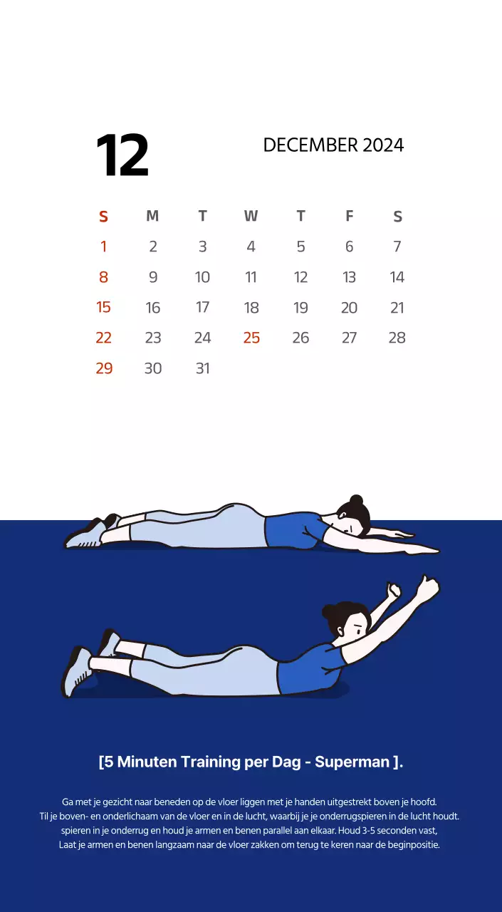Eenvoudige kalender met strakke illustraties in blauw