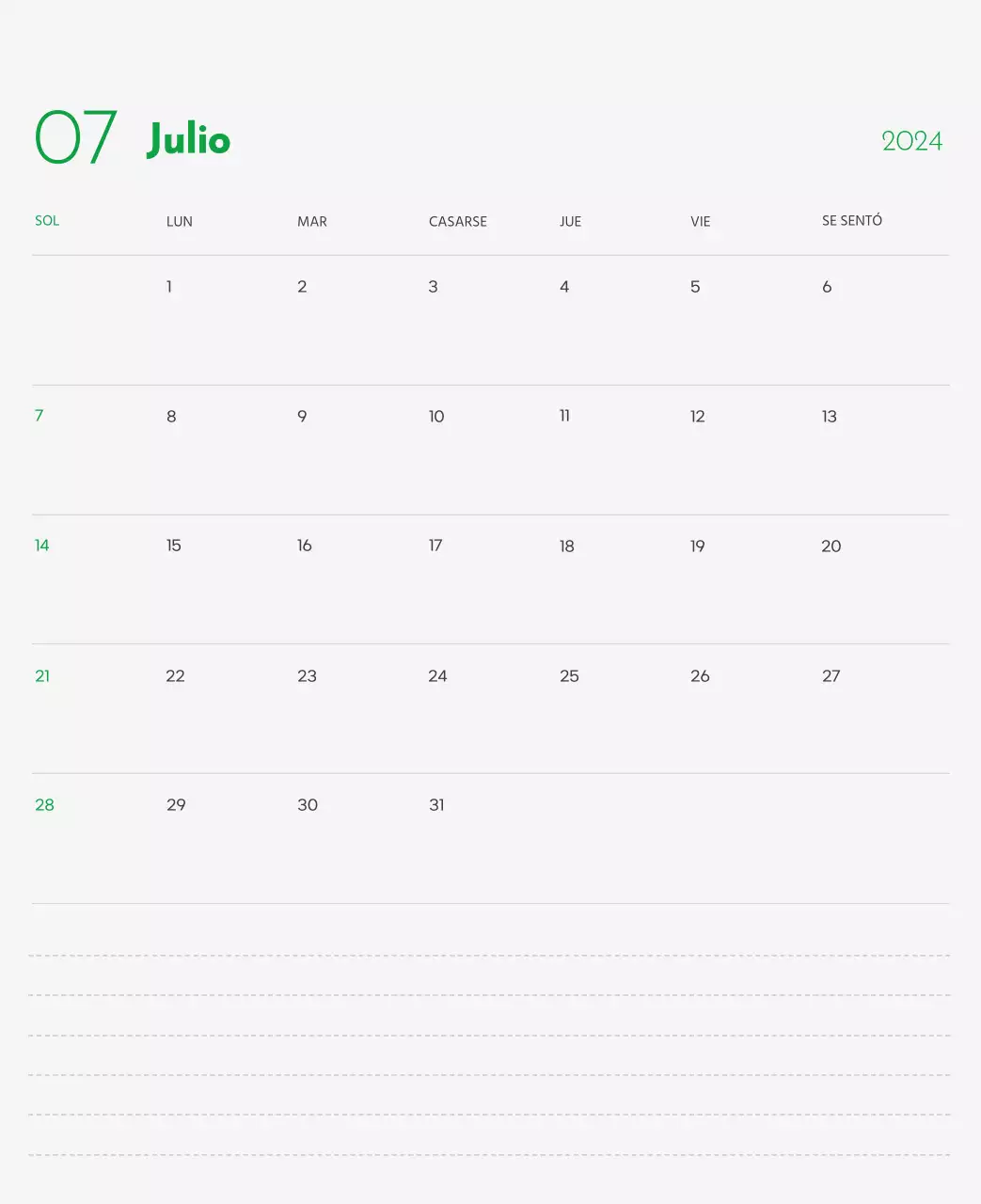 Un calendario con la imagen de un cachorro y un bonito mensaje en tonos verdes.