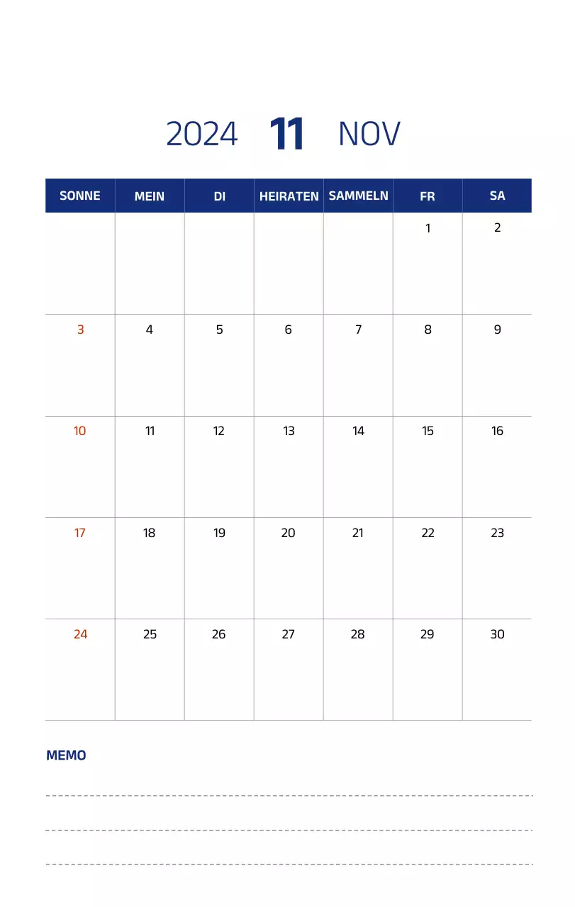 Einfacher Kalender mit klaren Illustrationen in Blau