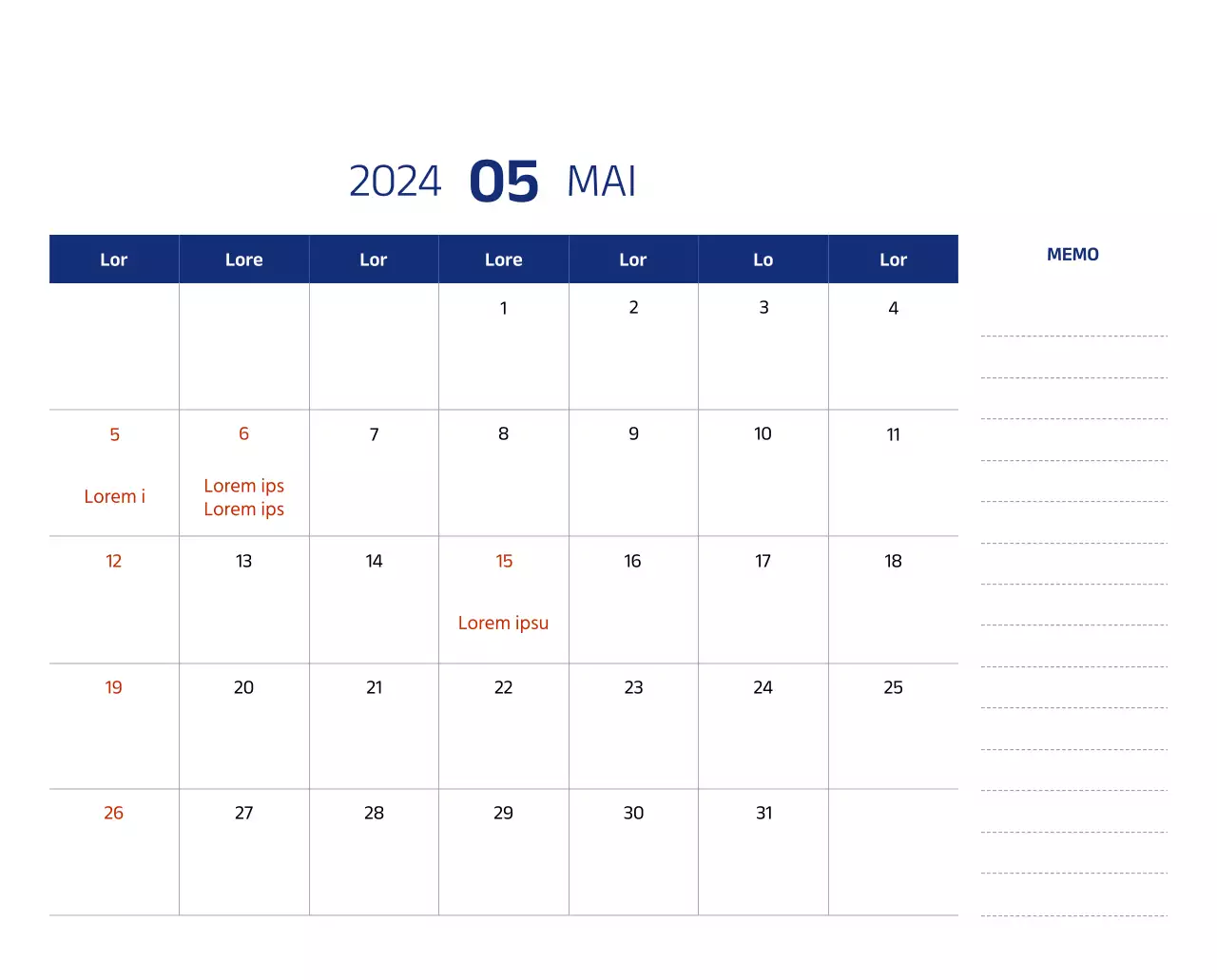 Einfacher Kalender mit klaren Illustrationen in Blau