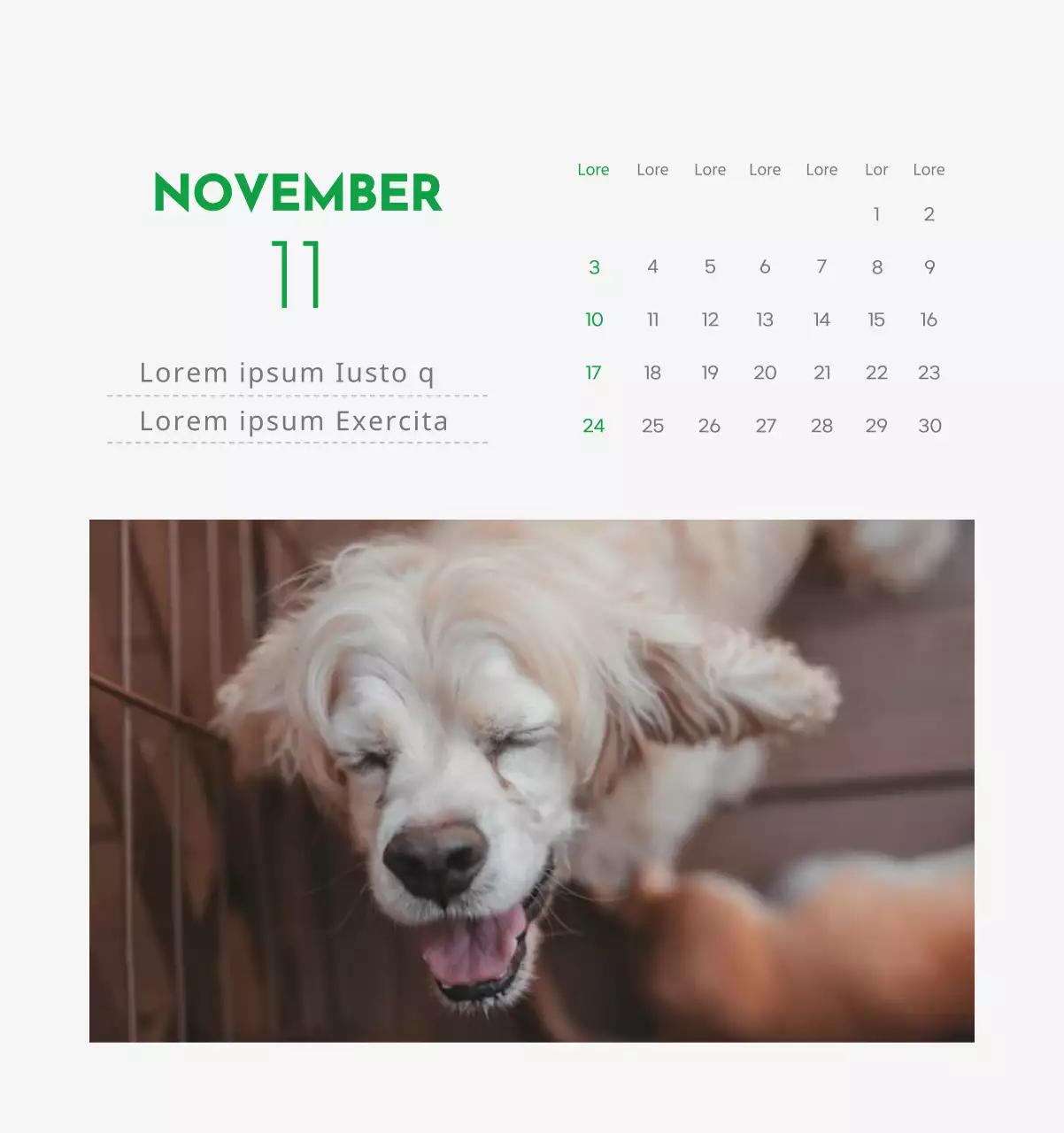 Een kalender met een afbeelding van een puppy en een schattige boodschap in groene accenten