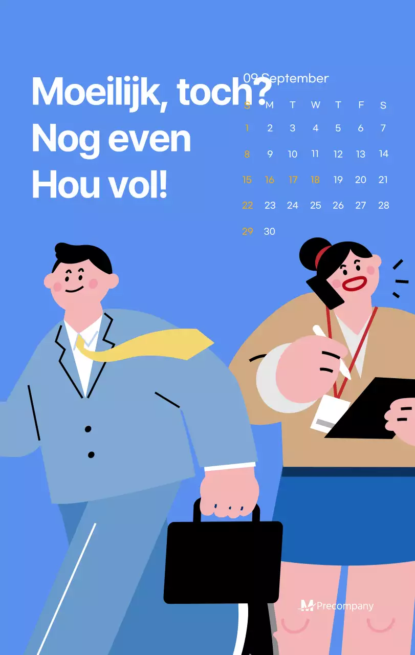 Motiverende kalender met energieke illustraties en positieve citaten op een lichtblauwe achtergrond