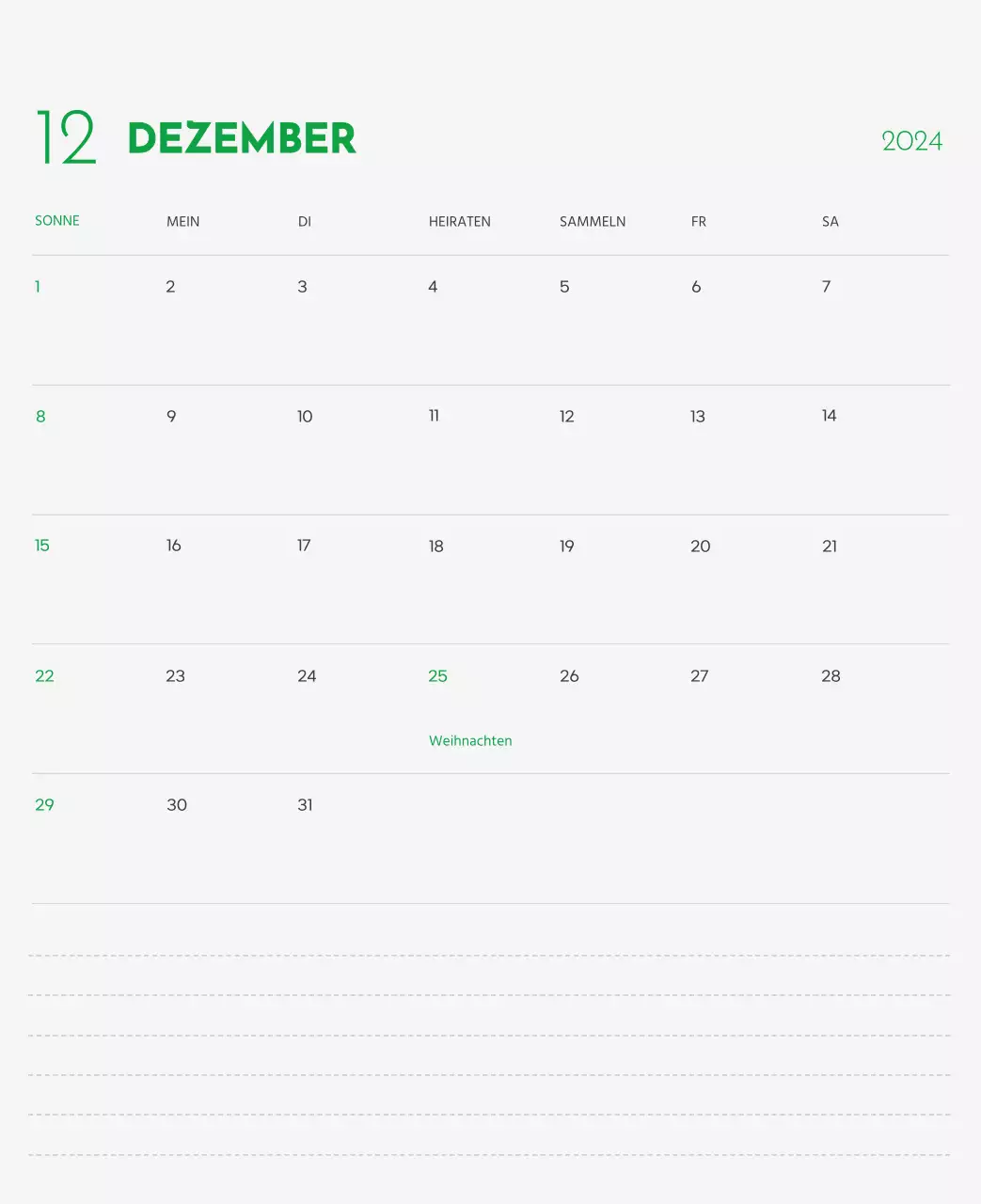 Ein Kalender mit einem Bild eines Welpen und einer niedlichen Botschaft in grünen Akzenten