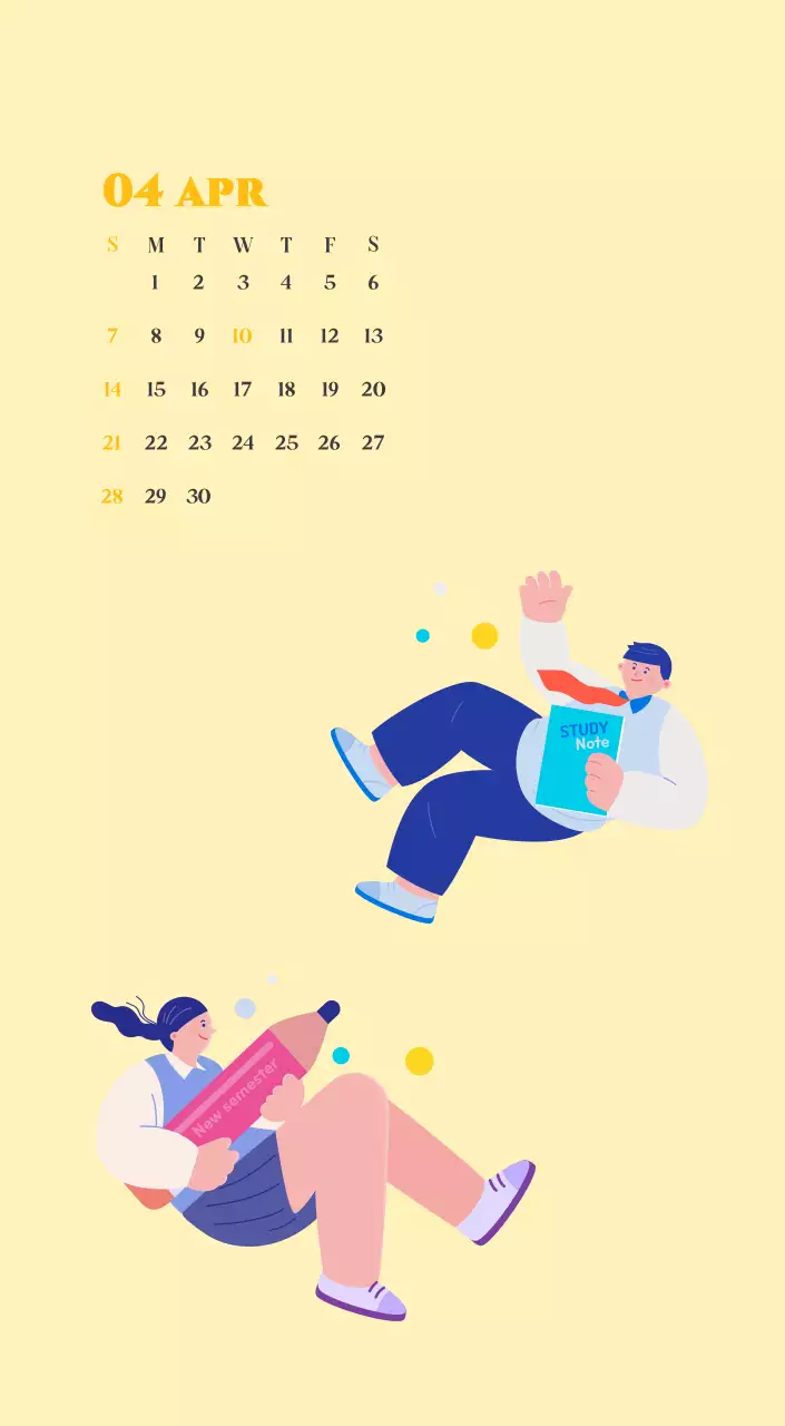 Kalender mit Jugendillustrationen auf gelbem und grünem Hintergrund