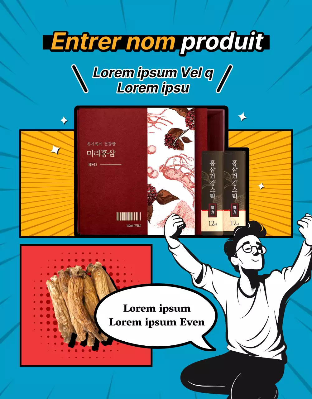 Une présentation de produit en dessin animé rétro aux couleurs rouge et arc-en-ciel