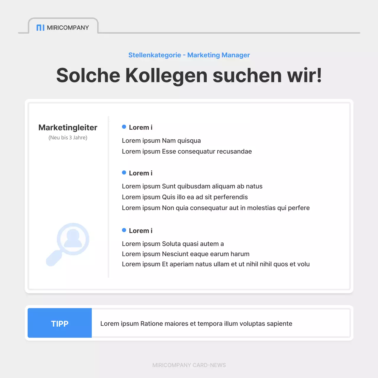 Eine einfache Stellenanzeige eines Unternehmens in Blau und Grau