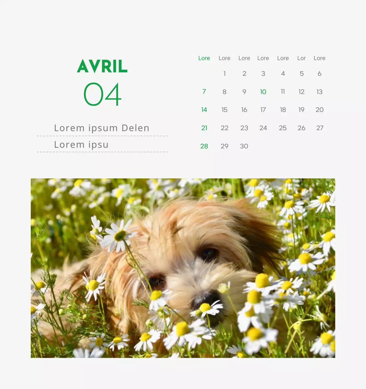 Un calendrier avec la photo d'un chiot et un message mignon aux accents verts.